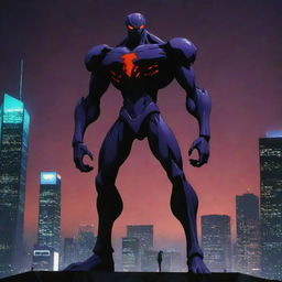 A fearsome monster from the show Evangelion. It's towering, muscular figure stands amidst an apocalyptic cityscape, glowing with eerie neons derived from the show's unique palette.