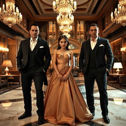 Two mean-looking hot mafia guys standing confidently on either side of a beautiful innocent girl wearing a stunning dinner gown in the middle