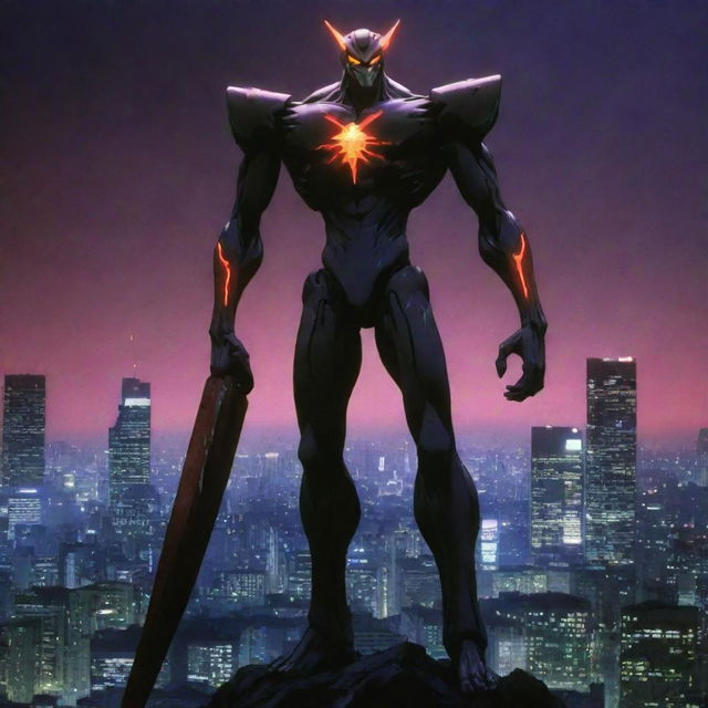 A fearsome monster from the show Evangelion. It's towering, muscular figure stands amidst an apocalyptic cityscape, glowing with eerie neons derived from the show's unique palette.