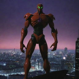 A fearsome monster from the show Evangelion. It's towering, muscular figure stands amidst an apocalyptic cityscape, glowing with eerie neons derived from the show's unique palette.