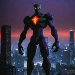 A fearsome monster from the show Evangelion. It's towering, muscular figure stands amidst an apocalyptic cityscape, glowing with eerie neons derived from the show's unique palette.