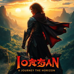 A stunning cinematic movie poster featuring a mysterious and heroic character standing on a cliff, overlooking a vast, fantastical landscape filled with lush greenery, towering mountains, and a bright, dramatic sunset