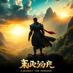 A stunning cinematic movie poster featuring a mysterious and heroic character standing on a cliff, overlooking a vast, fantastical landscape filled with lush greenery, towering mountains, and a bright, dramatic sunset