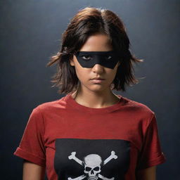 Presenting the Indian girl with warm skin tones, short reddish-brown hair, a pirate-style black eyepatch and red t-shirt, now deeply enveloped in a significantly darker, brooding atmosphere.