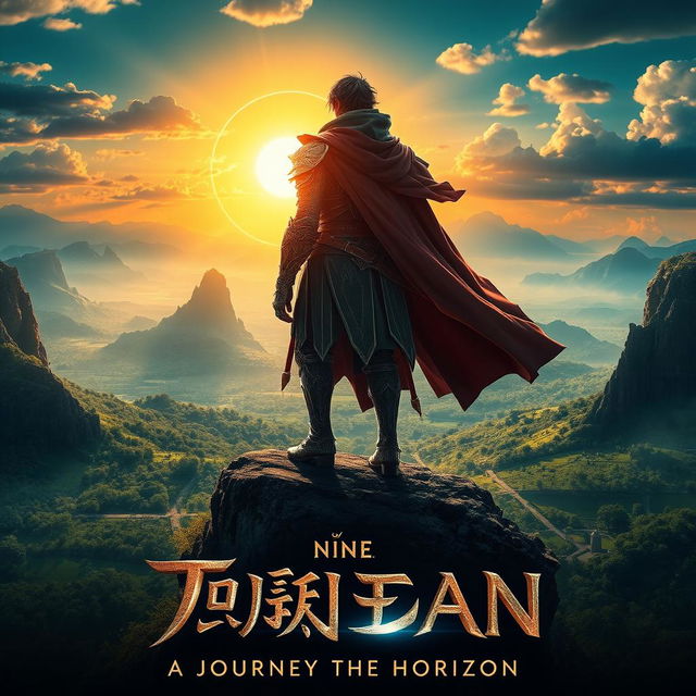 A stunning cinematic movie poster featuring a mysterious and heroic character standing on a cliff, overlooking a vast, fantastical landscape filled with lush greenery, towering mountains, and a bright, dramatic sunset