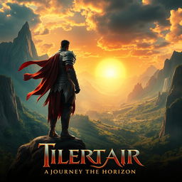 A stunning cinematic movie poster featuring a mysterious and heroic character standing on a cliff, overlooking a vast, fantastical landscape filled with lush greenery, towering mountains, and a bright, dramatic sunset