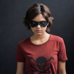 Presenting the Indian girl with warm skin tones, short reddish-brown hair, a pirate-style black eyepatch and red t-shirt, now deeply enveloped in a significantly darker, brooding atmosphere.