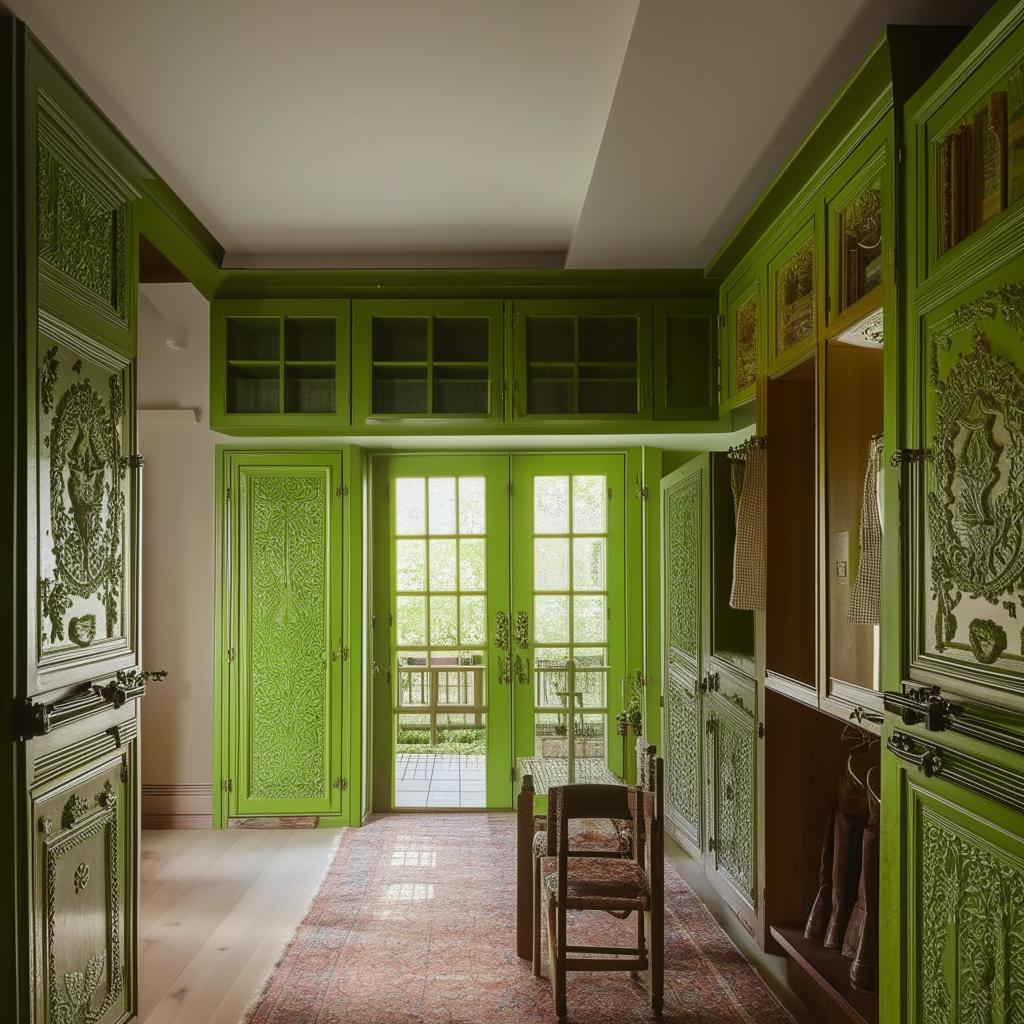 A sizable living and dining room area with vibrant green doors and windows, and intricate wooden closets and cabinets adding a touch of traditional charm.