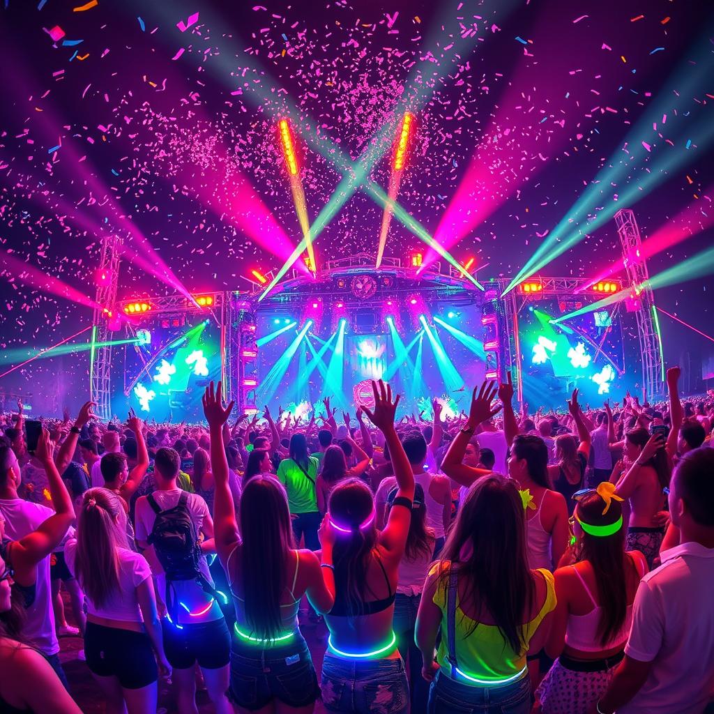 A vibrant scene depicting a lively electronic dance music festival with people dancing and celebrating in an electrifying atmosphere