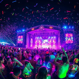 A vibrant scene depicting a lively electronic dance music festival with people dancing and celebrating in an electrifying atmosphere