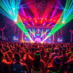 A vibrant scene depicting a lively electronic dance music festival with people dancing and celebrating in an electrifying atmosphere