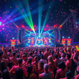 A vibrant scene depicting a lively electronic dance music festival with people dancing and celebrating in an electrifying atmosphere