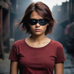 Presenting the Indian girl with warm skin tones, short reddish-brown hair, a pirate-style black eyepatch and red t-shirt, now deeply enveloped in a significantly darker, brooding atmosphere.