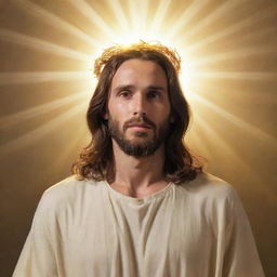 A compassionate portrayal of Jesus Christ, with a halo of golden light around his head, generously providing food for a needy person.