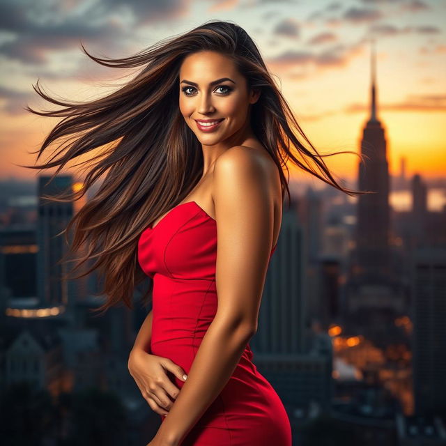 A stunningly beautiful woman with flowing long hair, wearing a form-fitted red dress that accentuates her curves, standing in a glamorous pose against a backdrop of a luxurious city skyline at sunset