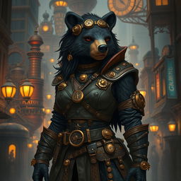 A tall female bear person rogue with sleek black fur, adorned in an elaborate steampunk outfit featuring intricate brass accessories, gears, and leather accents