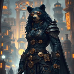 A tall female bear person rogue with sleek black fur, adorned in an elaborate steampunk outfit featuring intricate brass accessories, gears, and leather accents