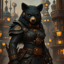 A tall female bear person rogue with sleek black fur, adorned in an elaborate steampunk outfit featuring intricate brass accessories, gears, and leather accents