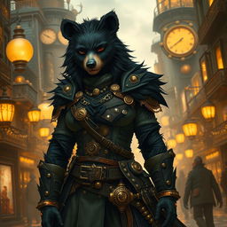 A tall female bear person rogue with sleek black fur, adorned in an elaborate steampunk outfit featuring intricate brass accessories, gears, and leather accents