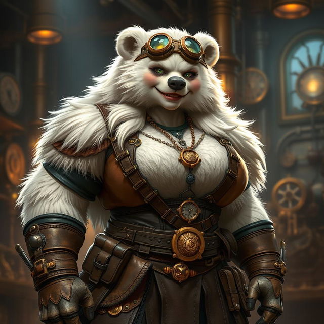 A beefy female bear person rogue with thick, white fur, clad in an eye-catching steampunk outfit featuring a mix of rugged leather, brass accents, and mechanical gadgets