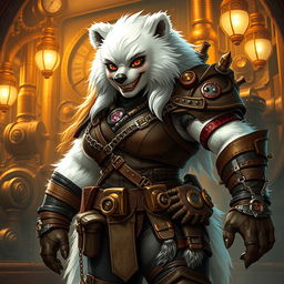 A beefy female bear person rogue with thick, white fur, clad in an eye-catching steampunk outfit featuring a mix of rugged leather, brass accents, and mechanical gadgets