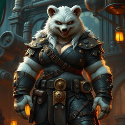 A beefy female bear person rogue with thick, white fur, clad in an eye-catching steampunk outfit featuring a mix of rugged leather, brass accents, and mechanical gadgets