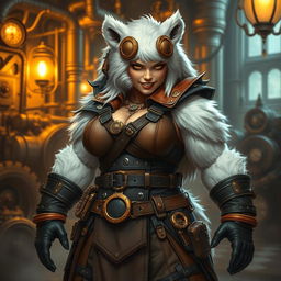 A beefy female bear person rogue with thick, white fur, clad in an eye-catching steampunk outfit featuring a mix of rugged leather, brass accents, and mechanical gadgets