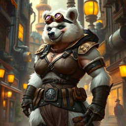 A beefy female bear person rogue with thick, fluffy white fur, dressed in a stylish and rugged steampunk outfit that features leather armor panels, brass goggles perched on her head, and an assortment of mechanical gadgets at her belt