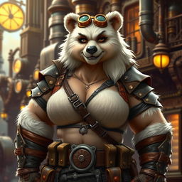 A beefy female bear person rogue with thick, fluffy white fur, dressed in a stylish and rugged steampunk outfit that features leather armor panels, brass goggles perched on her head, and an assortment of mechanical gadgets at her belt