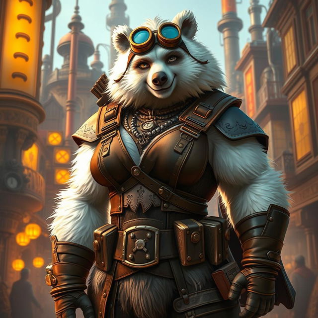 A beefy female bear person rogue with thick, fluffy white fur, dressed in a stylish and rugged steampunk outfit that features leather armor panels, brass goggles perched on her head, and an assortment of mechanical gadgets at her belt