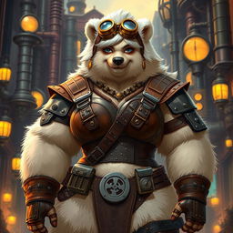 A beefy female bear person rogue with thick, fluffy white fur, dressed in a stylish and rugged steampunk outfit that features leather armor panels, brass goggles perched on her head, and an assortment of mechanical gadgets at her belt