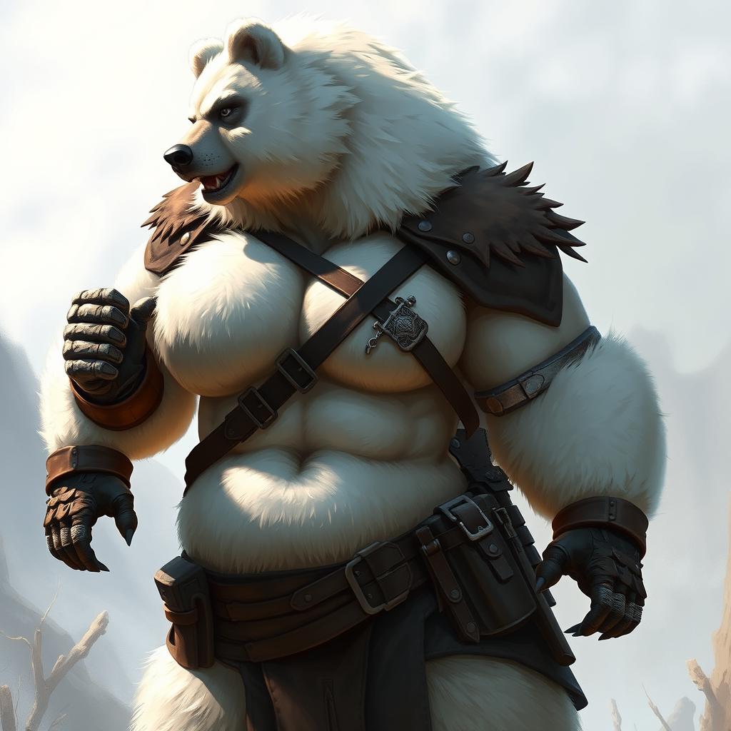 A beefy female bear person with thick, fluffy white fur, showcasing her muscular physique and agile demeanor