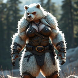 A beefy female bear person with thick, fluffy white fur, showcasing her muscular physique and agile demeanor