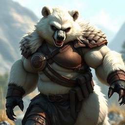 A beefy female bear person with thick, fluffy white fur, showcasing her muscular physique and agile demeanor