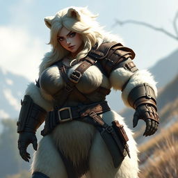 A beefy female bear person with thick, fluffy white fur, showcasing her muscular physique and agile demeanor