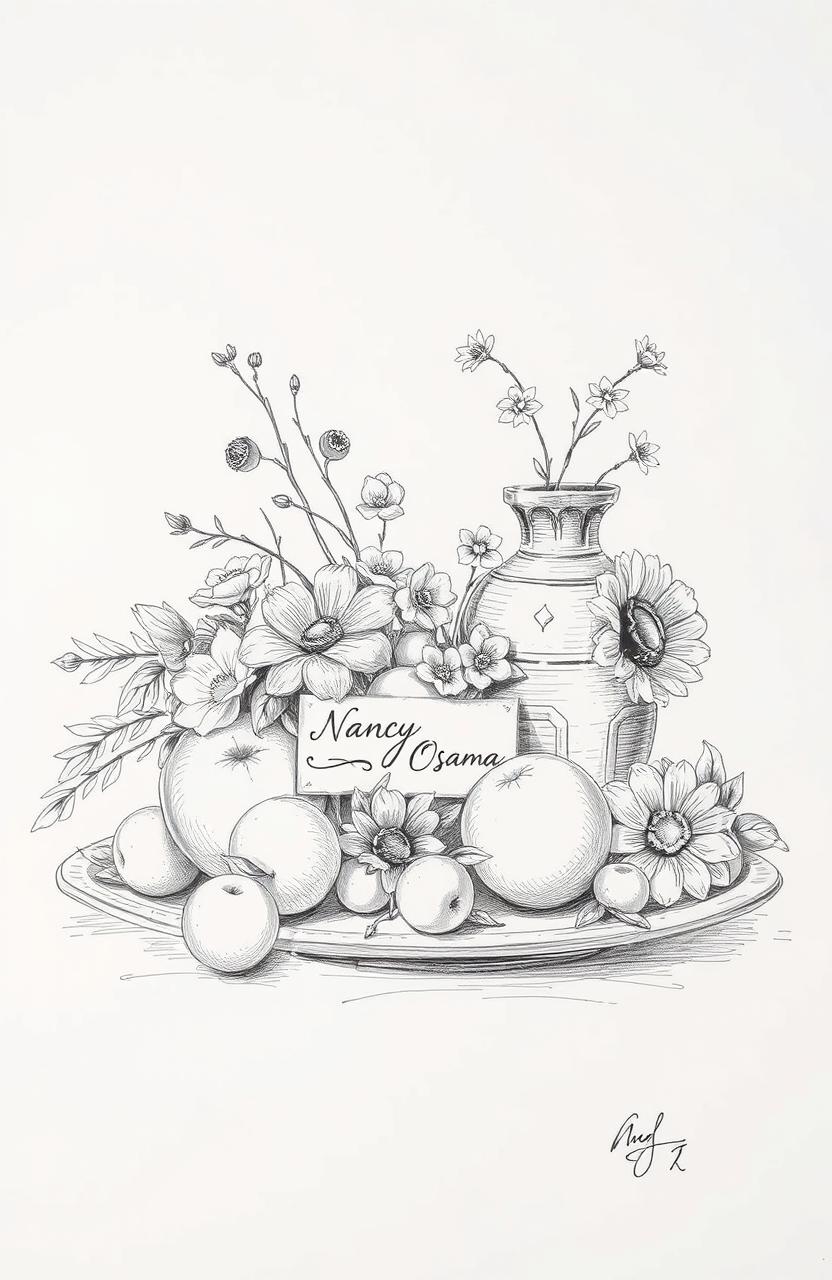 A beautifully detailed art sketch showcasing a 'طبيعة صامته' (still life) arrangement featuring various objects such as fruits, flowers, and a traditional vase