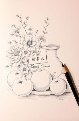 A beautifully detailed art sketch showcasing a 'طبيعة صامته' (still life) arrangement featuring various objects such as fruits, flowers, and a traditional vase