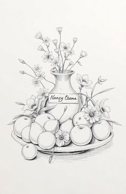 A beautifully detailed art sketch showcasing a 'طبيعة صامته' (still life) arrangement featuring various objects such as fruits, flowers, and a traditional vase