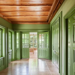 A sizable living and dining room area with vibrant green doors and windows, and intricate wooden closets and cabinets adding a touch of traditional charm.