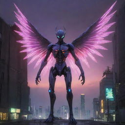 An Angel-like monster inspired by the Evangelion series with intricate biometrical designs, glowing patterns and ethereal aura set against a post-apocalyptic cityscape.