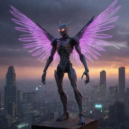 An Angel-like monster inspired by the Evangelion series with intricate biometrical designs, glowing patterns and ethereal aura set against a post-apocalyptic cityscape.