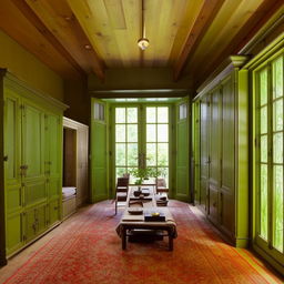 A sizable living and dining room area with vibrant green doors and windows, and intricate wooden closets and cabinets adding a touch of traditional charm.