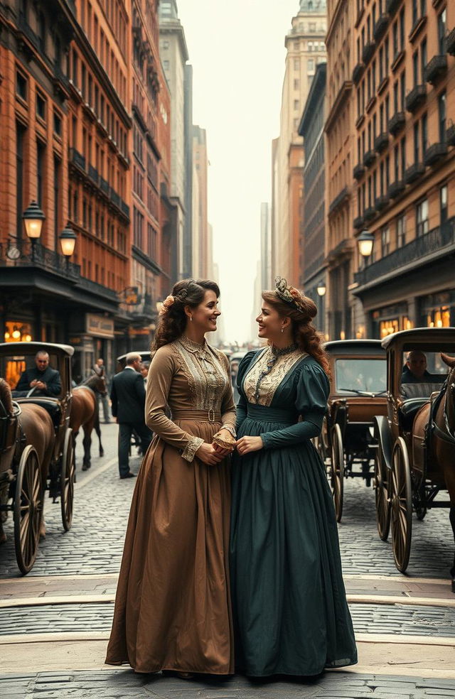 An intimate scene of two women sharing a moment of friendship in New York City during the 1880s