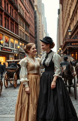 An intimate scene of two women sharing a moment of friendship in New York City during the 1880s