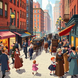 A vibrant animated scene capturing the lively streets of New York City in the 1880s