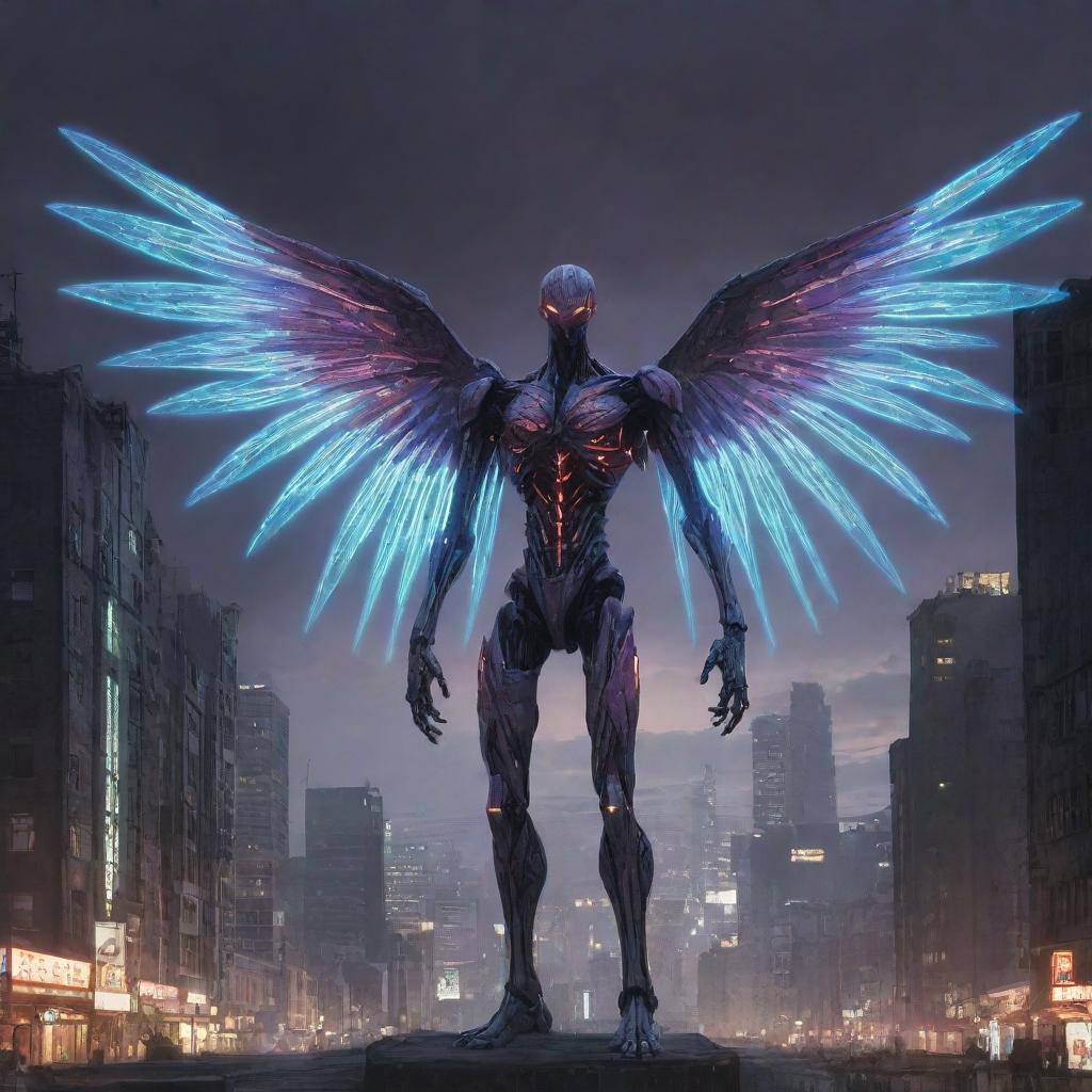 An Angel-like monster inspired by the Evangelion series with intricate biometrical designs, glowing patterns and ethereal aura set against a post-apocalyptic cityscape.