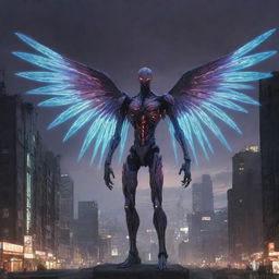 An Angel-like monster inspired by the Evangelion series with intricate biometrical designs, glowing patterns and ethereal aura set against a post-apocalyptic cityscape.