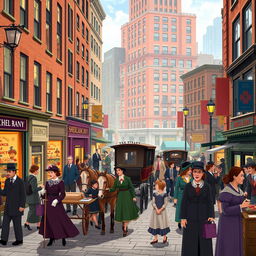 A vibrant animated scene capturing the lively streets of New York City in the 1880s