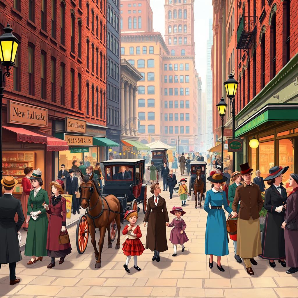 A vibrant animated scene capturing the lively streets of New York City in the 1880s