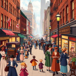 A vibrant animated scene capturing the lively streets of New York City in the 1880s